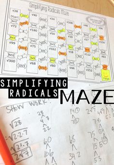 a sheet of paper with writing on it and the words simplifying radicals maze