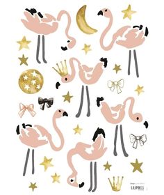 pink flamingos with gold stars and moon stickers on white background, surrounded by golden stars