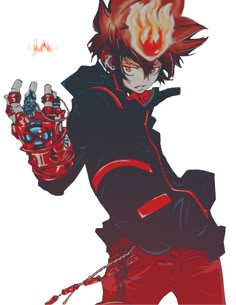 an anime character with red hair and black clothes, holding his hands up in the air