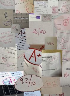 a collage of papers with writing and numbers written on them, all over the place