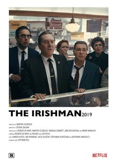 the irishman movie poster with men in suits and ties standing behind a glass display case