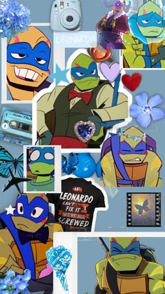 teenage mutant ninja turtles collage with blue flowers and other things to see on the screen