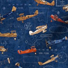 a blue background with small airplanes and planes on the bottom half of it, as well as smaller ones