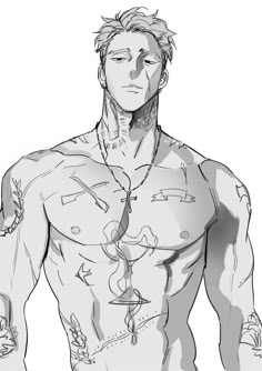 a drawing of a man with tattoos on his chest