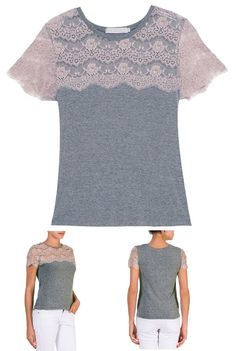 two women's tops with lace on the shoulders, one in grey and one in white