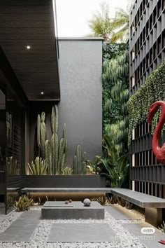 an outdoor courtyard with plants, rocks and benches