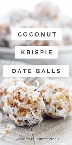 coconut krispie date balls with text overlay