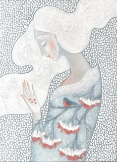 a drawing of a woman with white hair and blue dress holding her hand up to her face