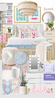 a bedroom with pink, blue and white decor