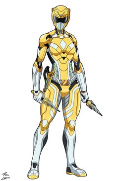 a yellow and black robot standing in front of a white background with the words power rangers on