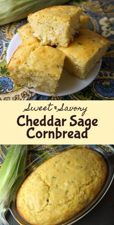 cornbread is stacked on top of each other with the words sweet and savory cheddar sage cornbread