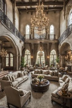 a large living room with high ceilings and chandeliers