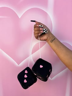 Our super popular, custom black fuzzy dice are now available with pink embroidered hearts! Cruise down the highway with these cuties in your rear-view mirror or decorate your space with em’! - 3" x 3" Dream Car Decor, Dash Decor Car, Black Car With Pink Accents, Black And Pink Car Interior, Pink And Black Car Interior, Kuromi Car Accessories, Pink Stuff Girly, Black Car Decor, Pink Fuzzy Dice