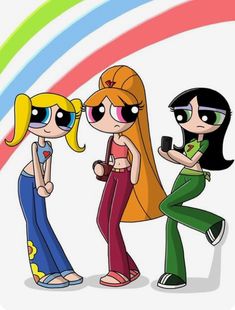 three cartoon characters standing next to each other in front of a rainbow colored wallpaper