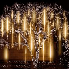 a lighted tree in front of a building