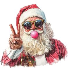 a santa clause with sunglasses and a nose ring making the peace sign while holding a pink bubble in his hand