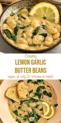 lemon garlic butter beans in a skillet with spinach and lemon slices on the side