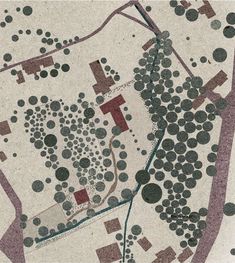 an old map shows the location of several buildings and roads in different directions, with dots all over them