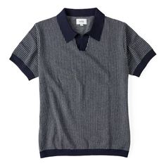 A sophisticated knit polo with an easygoing edge Classic Collared Jacquard Knit Polo Sweater, Navy Top With Striped Collared Neckline, Navy Tops With Striped Collared Neckline, Navy Tops With Striped Collar, Classic Jacquard Knit Polo Collar Top, Classic Short Sleeve Polo Sweater With Striped Collar, Collared Jacquard Knit Top, Relaxed Fit Knit Polo Shirt With Ribbed Collar, Knit Polo Shirt With Ribbed Collar And Relaxed Fit