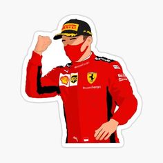 a man in a red racing suit and hat with his fist up to the side