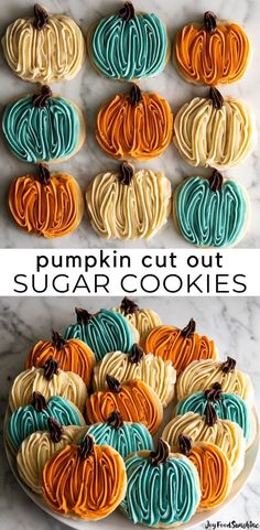 pumpkin cut out sugar cookies on a plate with the words, pumpkin cut out sugar cookies