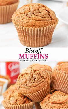 muffins stacked on top of each other with the words biscoff muffins above them