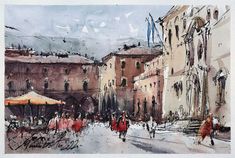 a watercolor painting of people walking down a street with buildings in the back ground