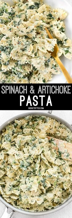 spinach and artichoke pasta in a skillet