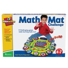 a box of math mat challenge with a boy sitting on top of the board and holding his hands up