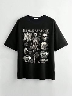 Round Neck Women T-Shirt With Skeleton Skull Print, School Black Casual  Short Sleeve Fabric Figure,Halloween,Letter,Plants  Slight Stretch  Women Clothing, size features are:Bust: ,Length: ,Sleeve Length: Good Shirts, Alternative Shirts, Gothic T Shirt, Emo Shirts, Vampire Clothes, Skeleton Shirt, Skull Shirts, Skull Print, Grunge Outfits