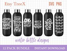 six black water bottles with white lettering on them and the words, easy treex