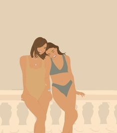 two women standing next to each other in bathing suits, one with her arm around the other's shoulder