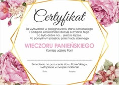 a certificate with pink flowers and gold trimmings on the bottom, in front of a white background