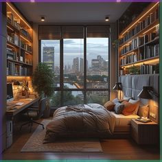 a bedroom with a bed, desk and bookshelves in front of a window