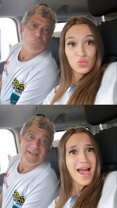 two pictures of a man and woman in the back of a car, one is making a funny face