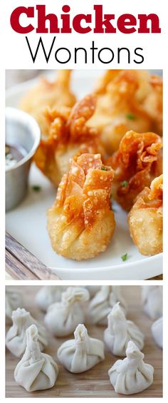 chicken wontons on a white plate with dipping sauce in the middle and an image of