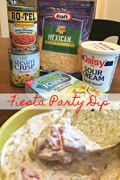 mexican party dip with tortilla chips and salsa in the background text reads fiesta party dip