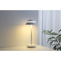 a white lamp sitting on top of a table next to a potted plant