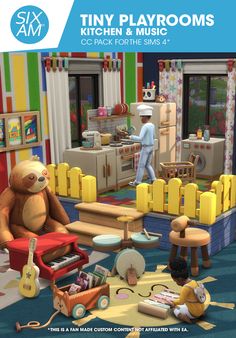 the tiny playrooms kitchen and music is packed with children's toys, including teddy bears