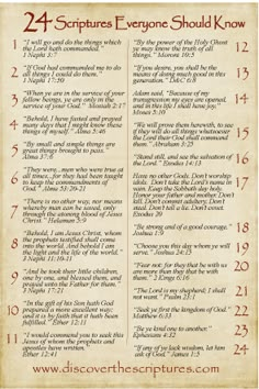 an old scroll with the words 24 scriptures everyone should know on it's page