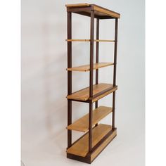 a wooden shelf with three shelves on each side