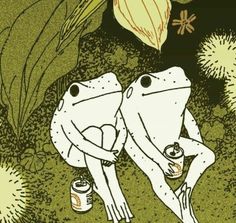 two frogs sitting on the ground next to each other with cans in front of them