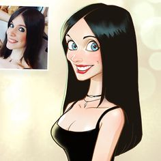 a woman with long black hair and blue eyes is smiling at the camera, next to an image of herself