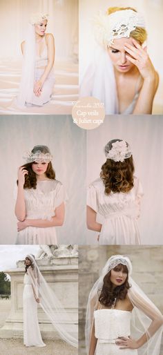 a collage of photos showing the bride in her wedding dress and veil with flowers on her head