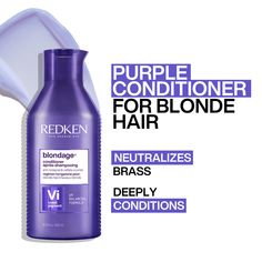 Color Extend Blondage Conditioner is a violet-pigment depositing conditioner that protects and tones for blonde and highlighted hair that are experiencing warmth (ie brass). Formulated with Citric Acid to strengthen and repair blonde hair while pure violet (purple) pigments remove unwanted brassiness to cool hair's warm for a brighter, truer blonde hair color. This product is recommended for hair that contains orange or yellow undertones. BENEFITS • Toning and protecting conditioner • Gently det Icy Blonde Hair Color, Beige Blonde Hair Color, Purple Shampoo For Blondes, Purple Conditioner, Punky Color, Purple Shampoo And Conditioner, Icy Blonde Hair, Highlighted Hair, Redken Color