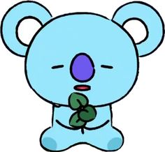 a blue teddy bear sitting on top of a white floor next to a green leaf