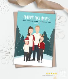 a holiday card with an image of a family in the snow