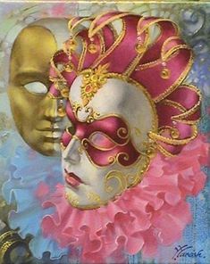 a painting of two masks on top of each other