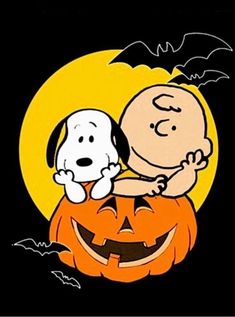 a cartoon character hugging a snoopy on top of a pumpkin