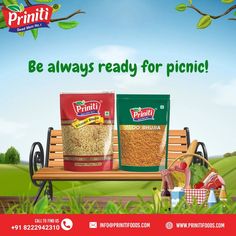 a bench with two bags of rice sitting on it and the caption be always ready for picnic